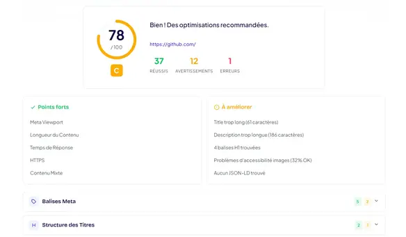 Aper&ccedil;u de l'outil d'audit SEO gratuit
